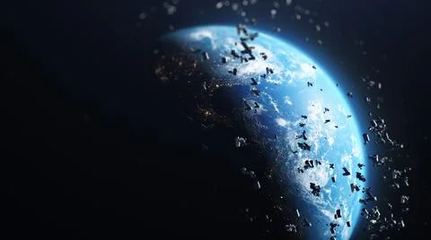 3D Render of space debris around planet Earth Ilustración de archivo