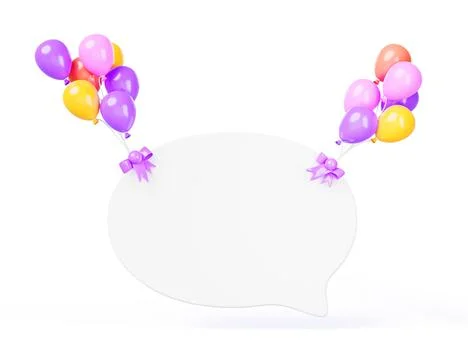 3d render speech bubble on helium balloons bundles. Festive message icon, blank Illustrazione stock
