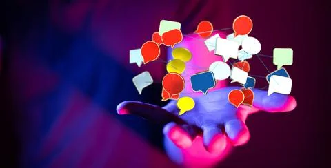 3D render of the speech bubbles, communication on the hand Stock Photos