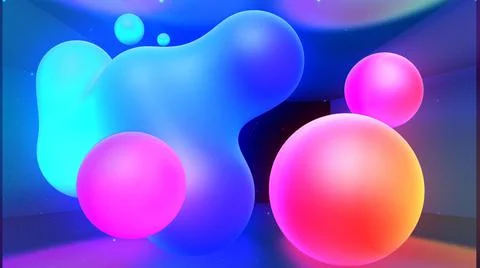 3d render. Spheres or balls in room merge like liquid wax drops or metaballs in Stock Illustration