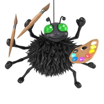 3d render of a spider hanging from a thread holding a paint brush and palette 스톡 일러스트