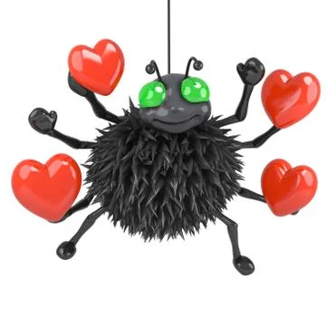 3d render of a spider holding lots of red hearts Stockillustratie