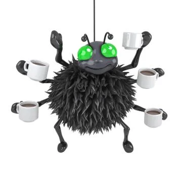 3d render of a spider with lots of cups of coffee Stock Illustration