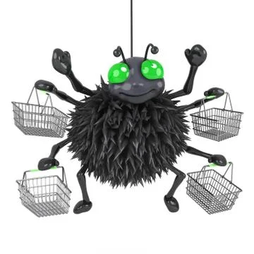 3d render of a spider with lots of shopping baskets Stockillustratie