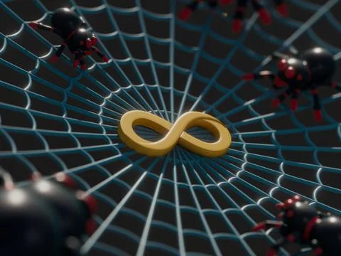 3D render of a spiderweb with spiders and a golden infinity symbol Stock Illustration