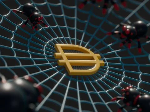 3D render of a spiderweb with spiders and a golden cryptocurrency sign Stock Illustration