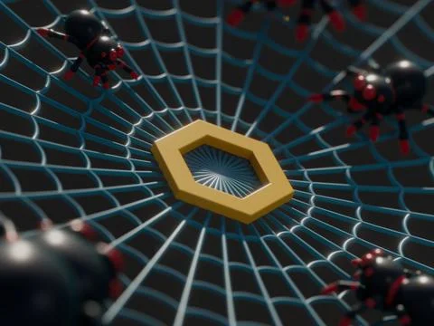 3D render of a spiderweb with spiders and a golden hexagonal shape 스톡 일러스트