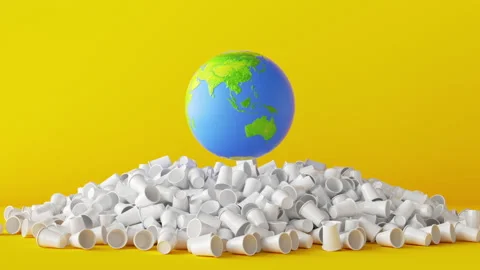 3d render, spinning planet Earth under the pile of plastic cups Stock Footage 156391830