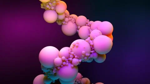 3d render of spiral made of vibrant colored balls on colorful dark background Stock Illustration