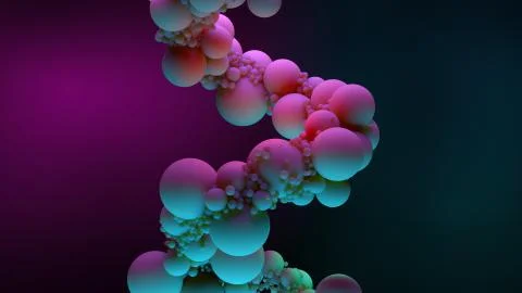 3d render of spiral made of vibrant colored balls on colorful dark background Stock Illustration