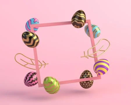 3d render square frame, eggs and golden feathers, minimalistic concept on pink Stock Illustration