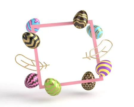 3d render square frame, eggs and golden feathers, minimalistic concept on white Stock Illustration