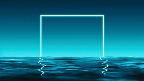 3d render Square neon shape reflected over blue water Stock Illustration