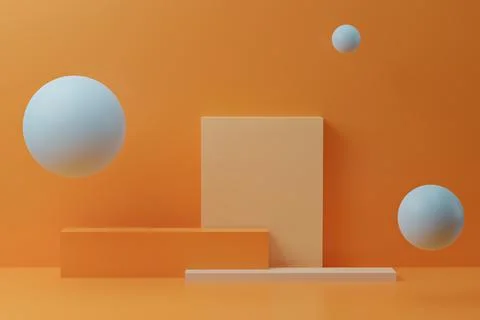 3d render with square podium and bubbles on orange background Illustration