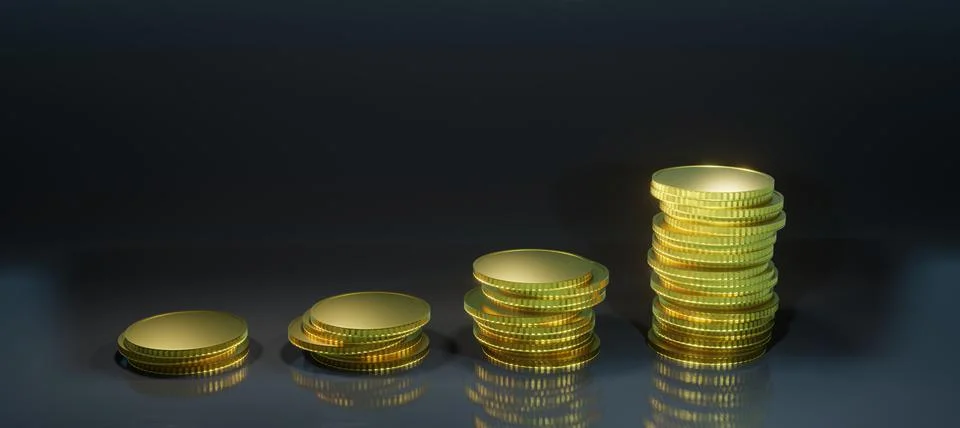 3d render, stack coins, money accumulation concept, deposits, dark background イラスト素材