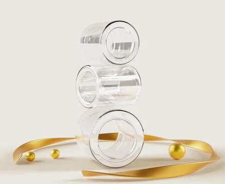 3d render stack of glass transparent clear cylinders with gold spiral line and Illustrazione stock