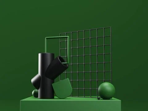 3d render stage with abstract geometric shapes in green and black colors. ... Stock Photos