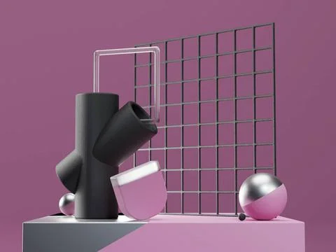 3d render stage with abstract geometric shapes in purple, black and silver... Stock Photos