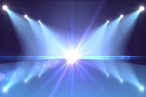 3D render stage lighting is creating starburst flare with blue spotlight beams Illustrazione stock