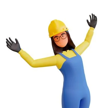 3d render of a standing female construction worker with hands up on a white Stock Illustration