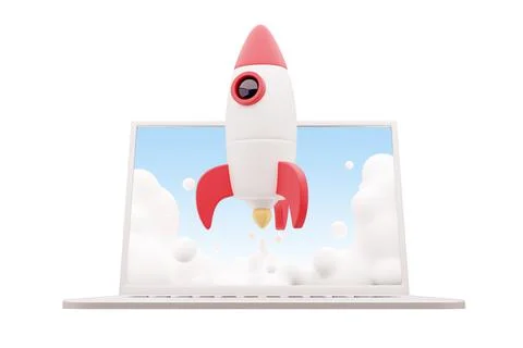 3d render startup concept with rocket flying out of laptop screen on white Illustrazione stock