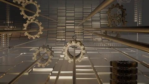 3d render of steampunk gears and cogs in misty space Stock Illustration