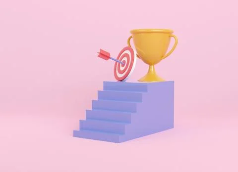 3d render step with award and trophy. business investment goal to success. .. Ilustración de archivo