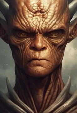 3D render of a stoic fantasy alien with rocky skin and horns guarding the univer Stock Illustration