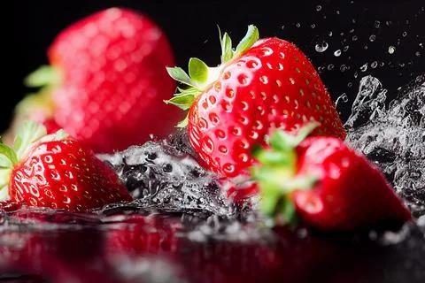 3D render strawberries in water splash isolated on black background Stock Illustration