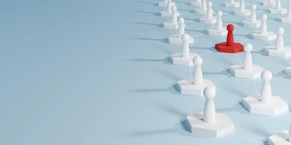 3D render of a striking red hexagonal doll standing out among a network of .. Stock Photos