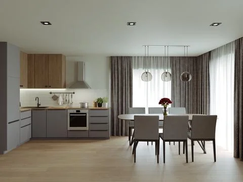 3d render of a studio kitchen in pastel colors. Иллюстрация