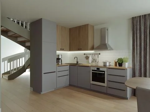 3d render of a studio kitchen in pastel colors. 스톡 일러스트
