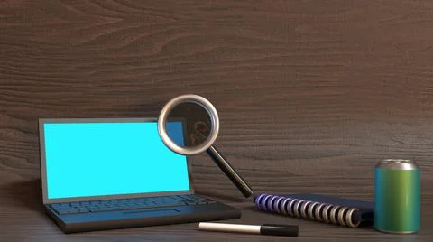 3D Render, study laptop with notepad, pen, search icon, and soda can Stock Illustration