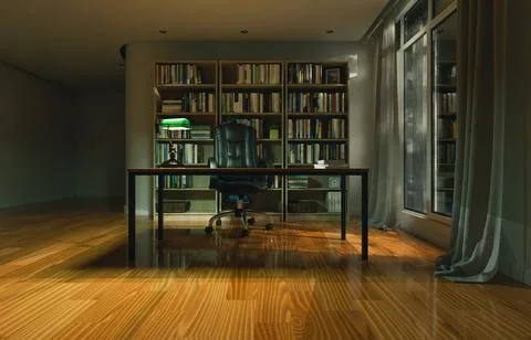 3d render of study room, home, office or library background with book shelf.. Stock Illustration