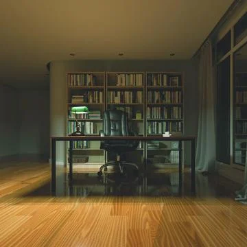 3d render of study room, home, office or library background with book shelf.. Stock Illustration