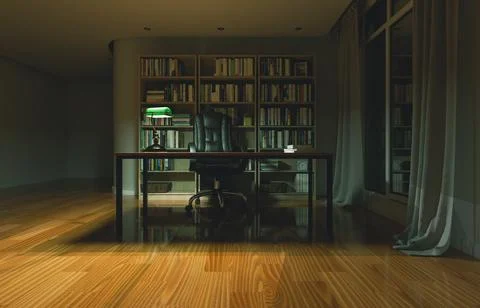 3d render of study room, home, office or library background with book shelf.. Stock Illustration