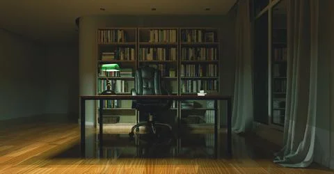 3d render of study room, home, office or library background with book shelf.. Stock Illustration