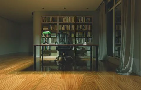 3d render of study room, home, office or library background with book shelf.. Stock Illustration