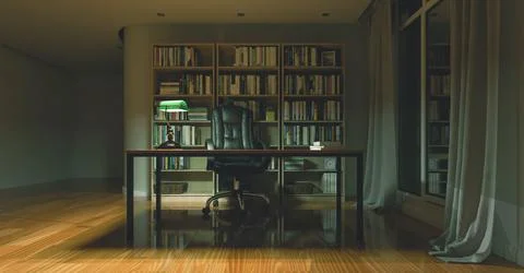 3d render of study room, home, office or library background with book shelf.. Stock Illustration