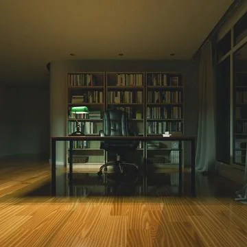 3d render of study room, home, office or library background with book shelf.. Stock Illustration