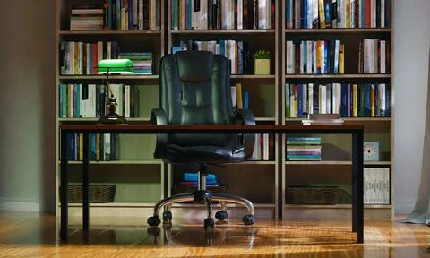 3d render of study room, home, office or library background with book shelf.. Stock Illustration