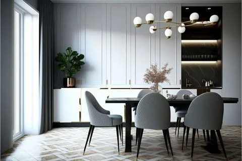 3D render of stylish interior of a dining room in gray shades Stock Illustration