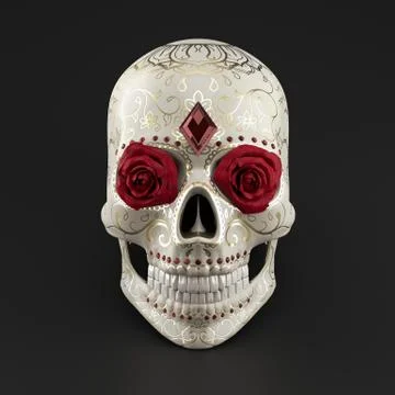 3D render of Sugar Skull decorated with roses, rubies and golden ornaments. Stock Illustration