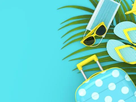 3d render of suitcase and beach stuff with protective masks Stock Illustration