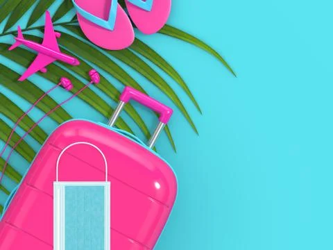 3d render of suitcase, beach stuff and  protective mask Stock Illustration