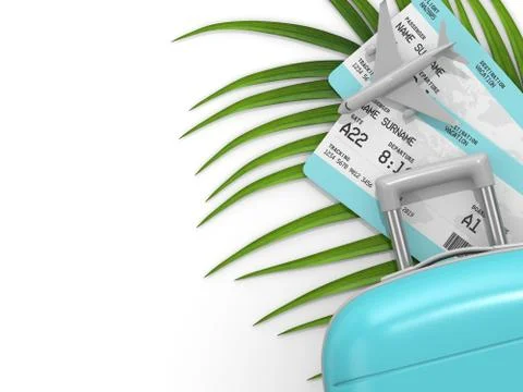 3d render of suitcase, fly tickets and plane lying on palm leaf Fotos de archivo