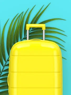 3d render of suitcase with leaf over blue background Fotos de archivo