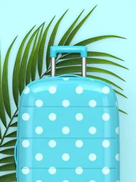 3d render of suitcase with palm leaf over blue background Stock Illustration