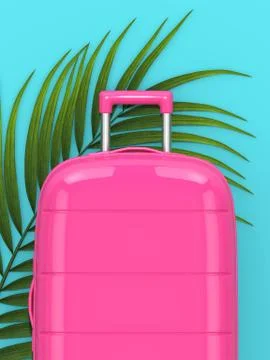 3d render of suitcase with palm leaf over blue background Fotos de archivo