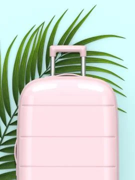 3d render of suitcase with palm leaf over pastel blue background Fotos de archivo